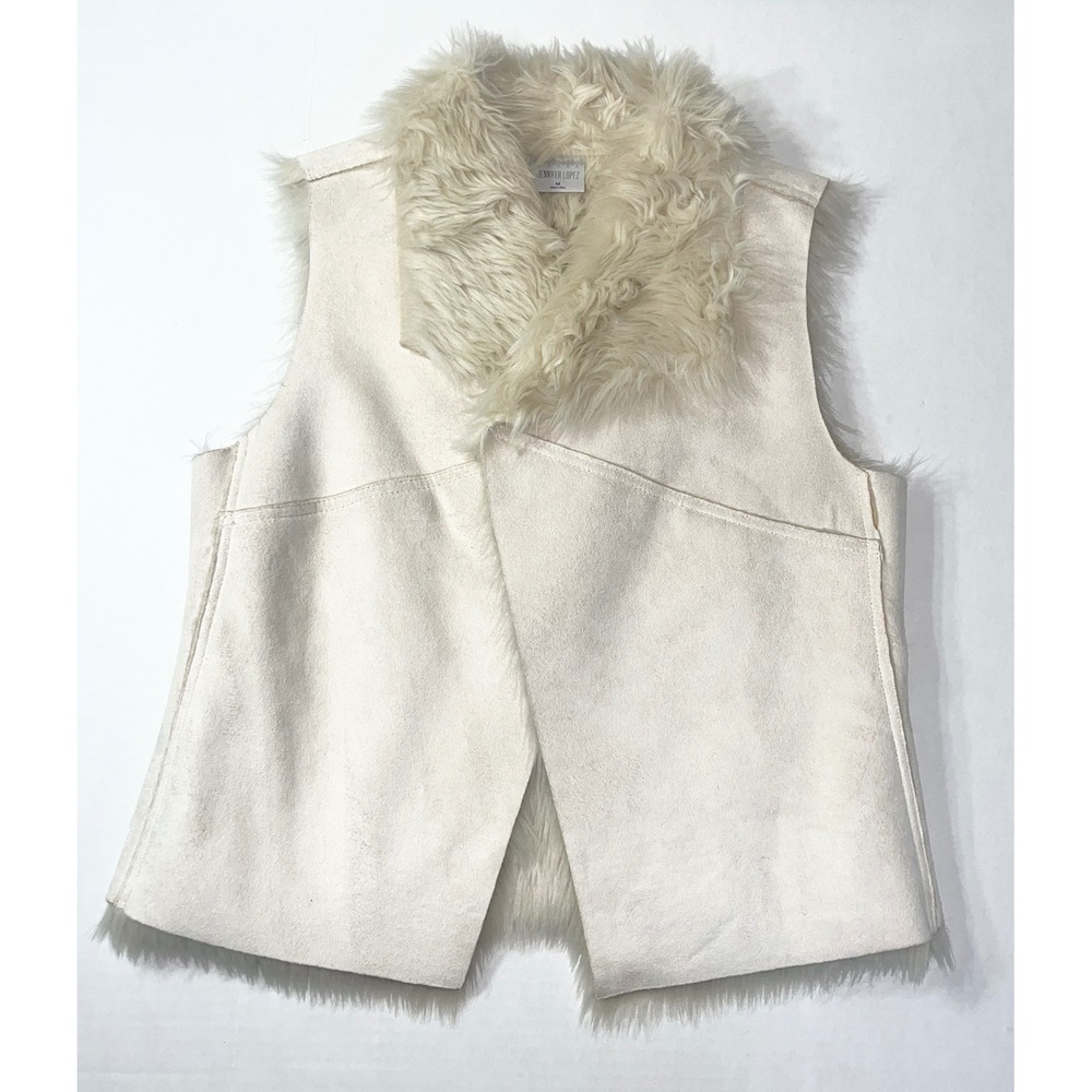 Faux Suede Vest Womens Medium Ivory White Fur Trim Open Front Mov Wife Winter